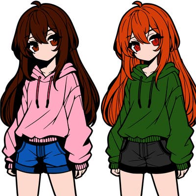 anime girl. sweat shirt. long hair. shorts