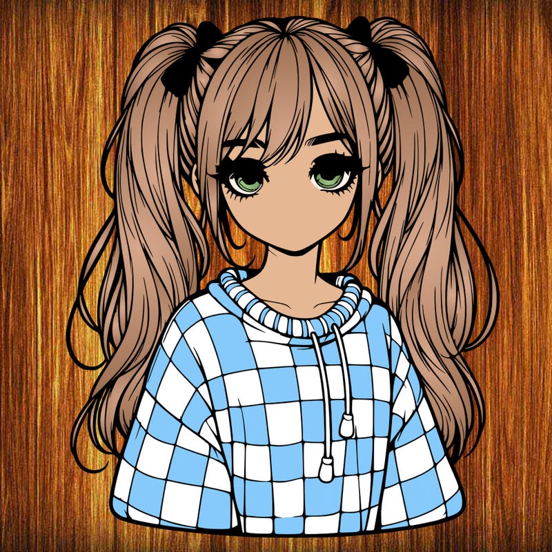 realistic girl wearing a baggie sweater with long pigtails