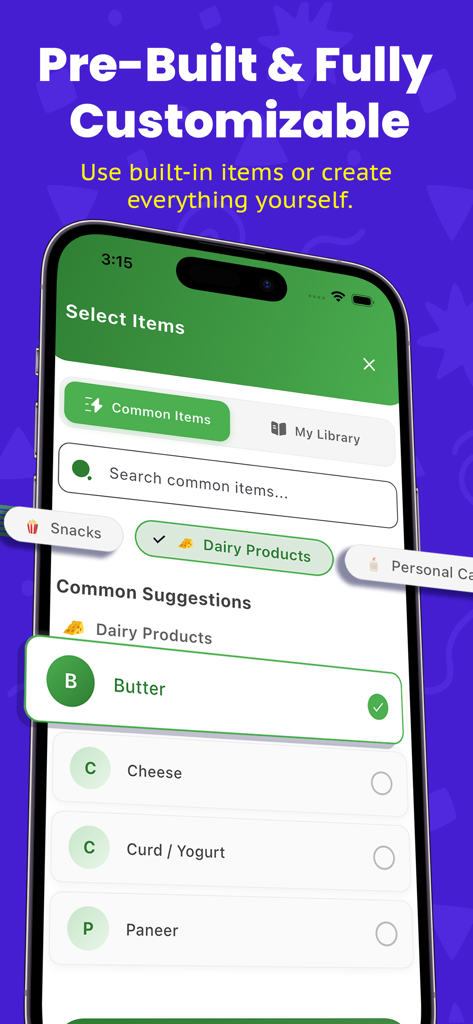 ListExpenser: Expense Tracker - Interface of ListExpenser app showing pre-built dairy product suggestions for a shopping list.