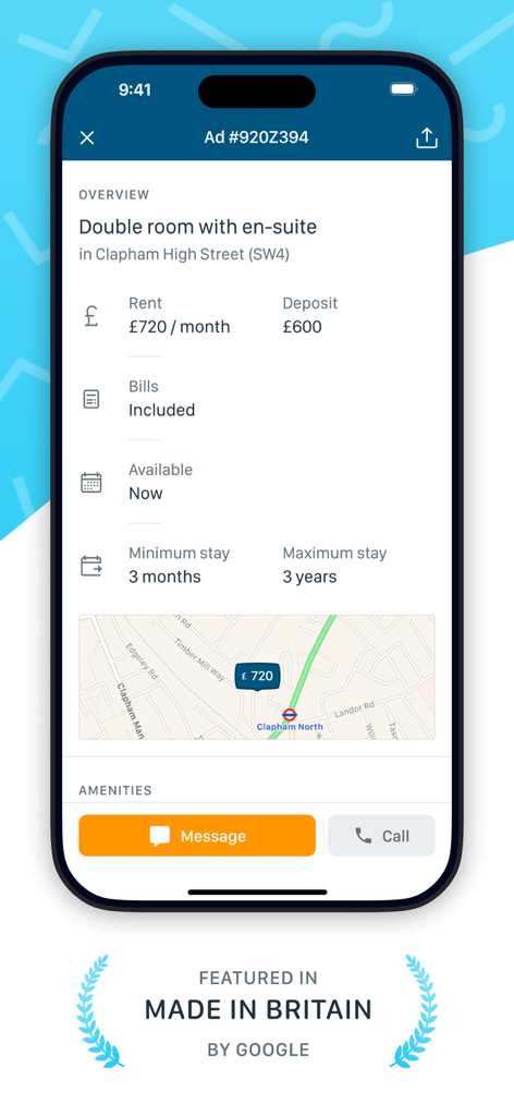 Detailed room listing on the SpareRoom app showing rent price and location map
