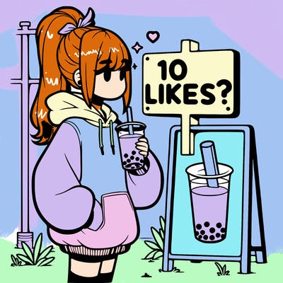 girl with oversized hoodie drinking boba and she has a high ponytail with a sign that says 10likes?