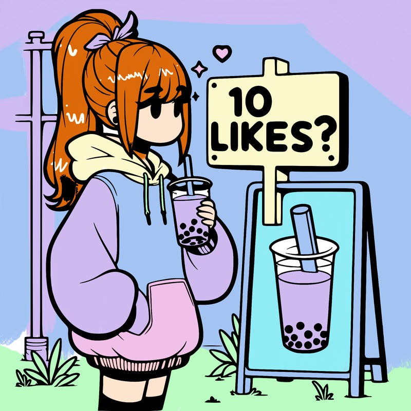 girl with oversized hoodie drinking boba and she has a high ponytail with a sign that says 10likes?