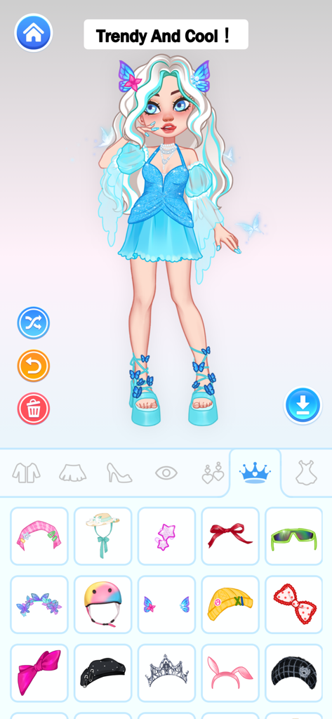 YoYa Doll Avatar Maker app showing a character in a blue butterfly outfit with an accessory selection menu