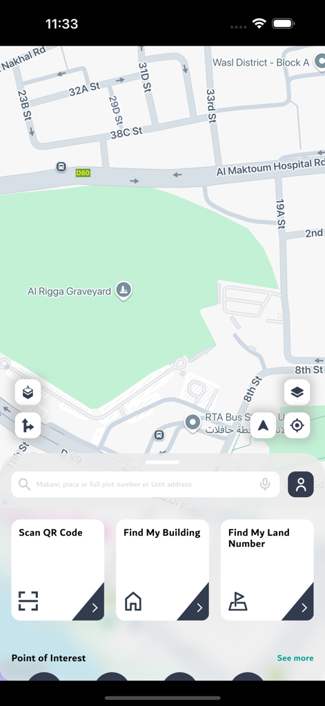 Makani navigation app interface showing a map of Dubai with search options for building and land numbers