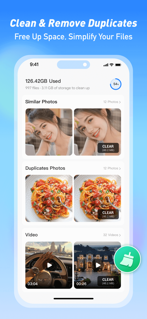 SHAREit app interface showing storage cleaning and duplicate photo removal feature