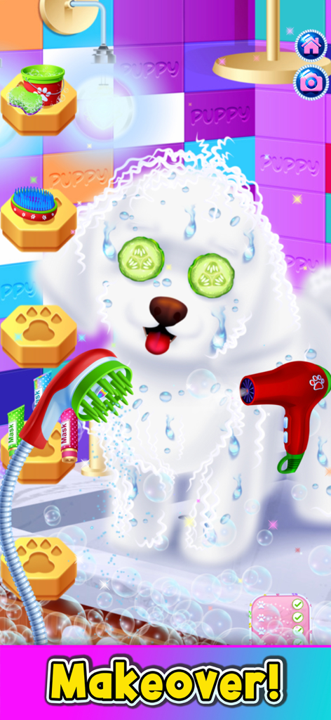 Fluffy white puppy with cucumbers on its eyes getting a makeover in a virtual pet spa game with bubbles and grooming tools.