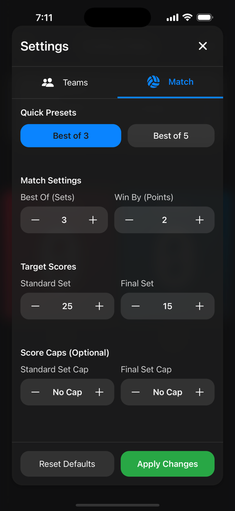 Schermata delle impostazioni della partita dell'app VolleyTally che mostra le opzioni per il target dei set, i punteggi e le regole del vantaggio di punti