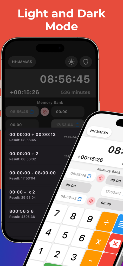 Calculator hours and minutes - Interfaccia dell'app Calcolatrice ore e minuti che mostra temi in modalità chiara e scura