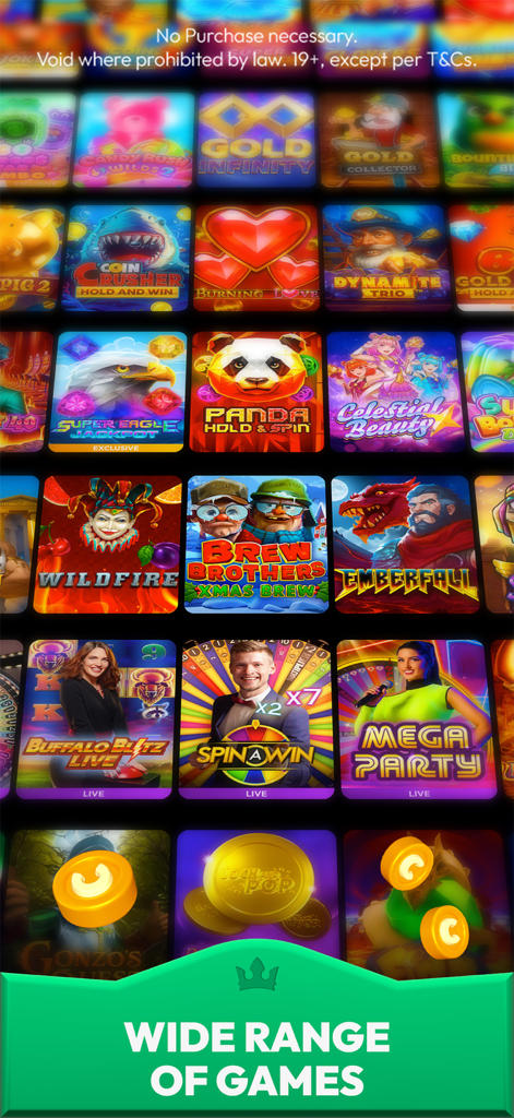 A wide selection of mobile slot games and live casino experiences available on CrownCoins Casino
