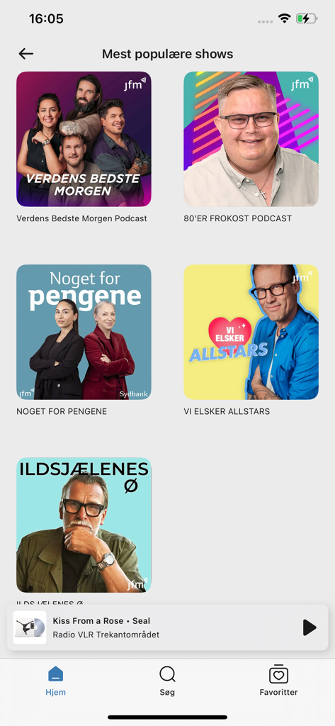 VLR-App-Oberfläche, die die beliebtesten Radiosendungen und einen Musikplayer am unteren Rand anzeigt
