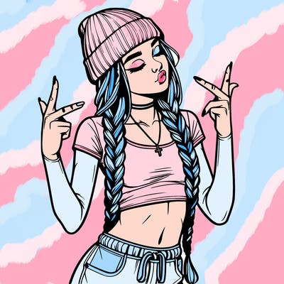 realistic teenage girl with braids and a beanie and crop top doing 🫶🏼