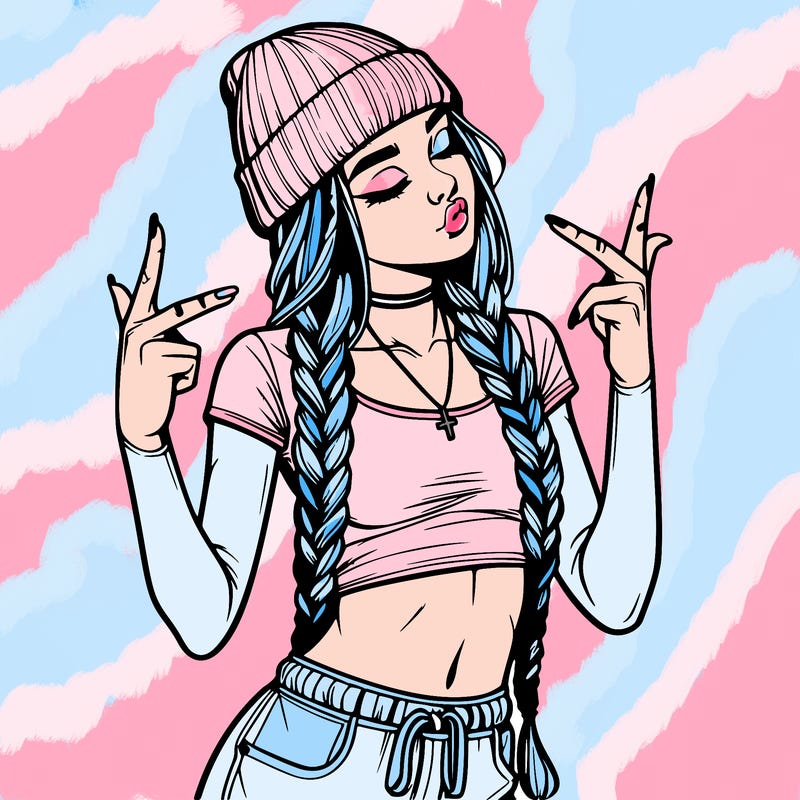 realistic teenage girl with braids and a beanie and crop top doing 🫶🏼