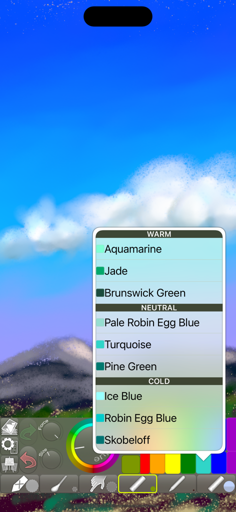 iPastels - Interfaccia di pittura digitale iPastels che mostra un menu di selezione del colore sopra uno schizzo di paesaggio con cielo e montagne.