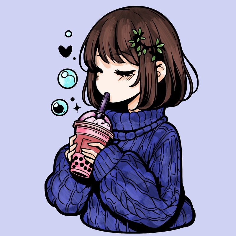 manga girl drinking boba in cozy sweater