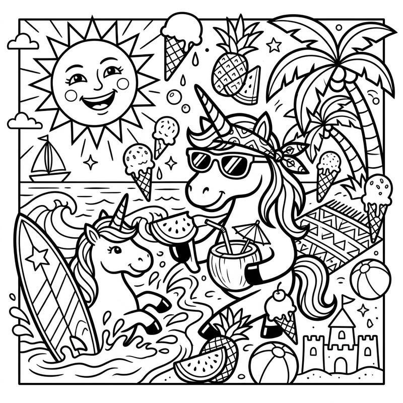 Experience the ultimate summer escape with this vibrant Pop Art unicorn coloring page. Join two playful unicorns as they enjoy a sun-soaked beach vacation filled with surfing, cool drinks, and tropical treats, all awaiting your creative touch.