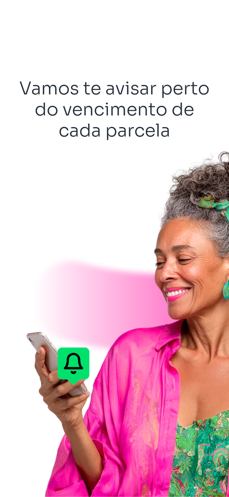 A woman holding a smartphone with a notification bell icon illustrating payment reminders for installments