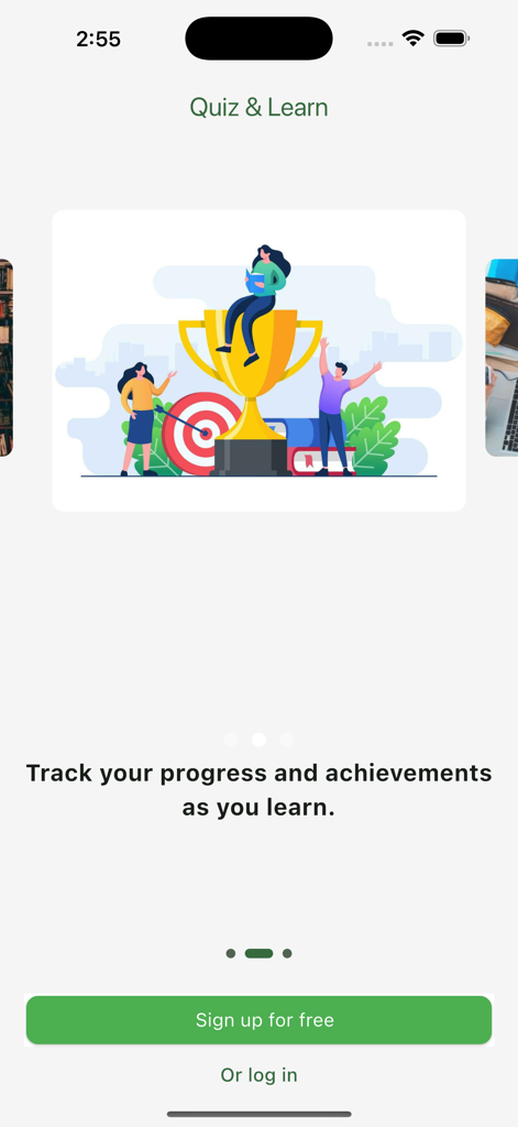 Quiz & Learn - Pantalla de incorporación de la aplicación Quiz and Learn que muestra una ilustración de trofeo y texto sobre seguimiento del progreso y logros
