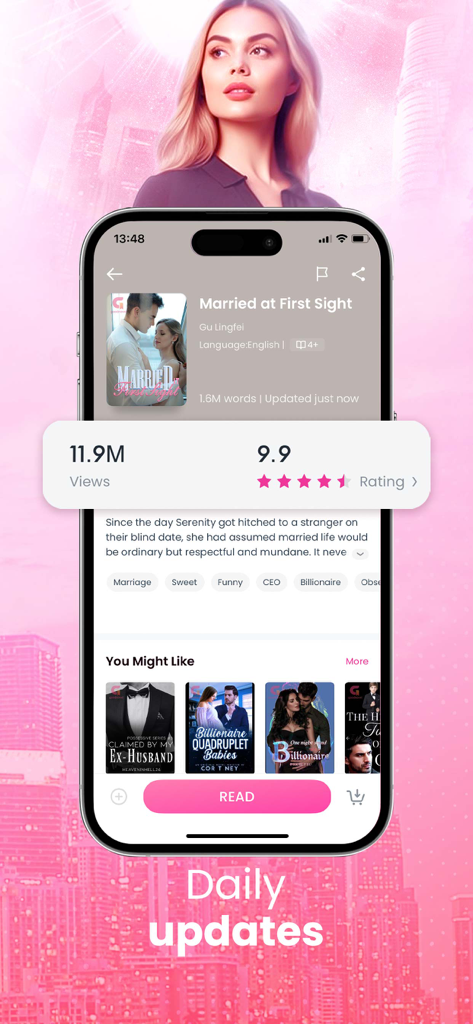 GoodNovel app interface showing details for the popular romance book Married at First Sight with millions of views and high ratings.