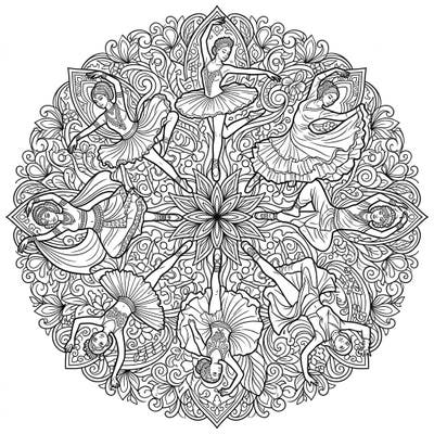 Step into the rhythm and grace of dance with this stunning mandala coloring page. Featuring an intricate symmetrical design of diverse dancers, it's a perfect blend of artistic expression and meditative coloring.