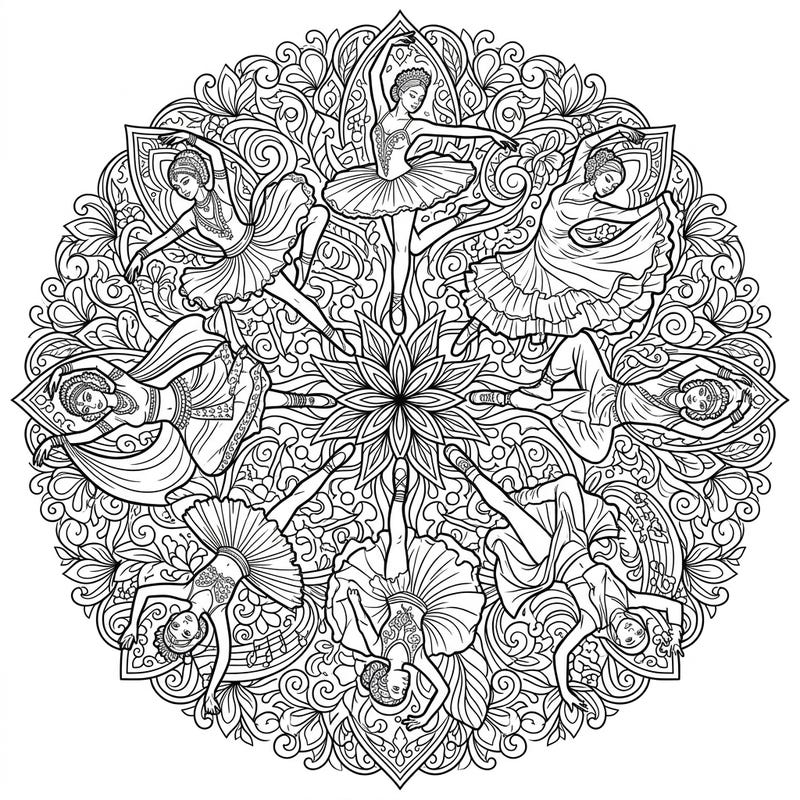 Step into the rhythm and grace of dance with this stunning mandala coloring page. Featuring an intricate symmetrical design of diverse dancers, it's a perfect blend of artistic expression and meditative coloring.