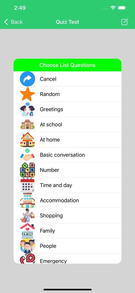 Learn Portuguese Premium - Portuguese language learning app interface showing a list of quiz categories including greetings shopping and emergency