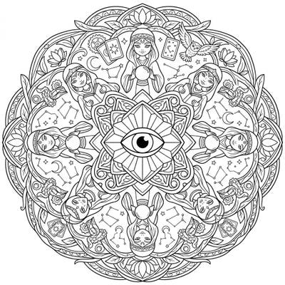 Unleash your child's imagination with this enchanting Oracle Mandala coloring page. Designed for young artists, it combines mystical oracles and celestial elements in a beautifully symmetrical pattern.