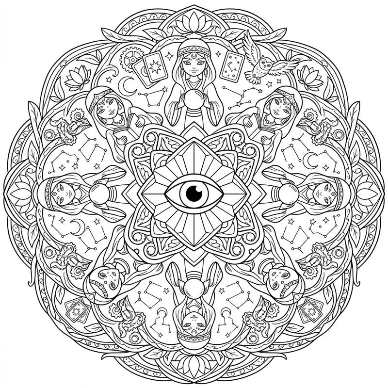 Unleash your child's imagination with this enchanting Oracle Mandala coloring page. Designed for young artists, it combines mystical oracles and celestial elements in a beautifully symmetrical pattern.