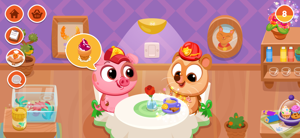 Personagens animais fofos, porco e hamster, jantando em uma mesa no Bubbu Restaurante