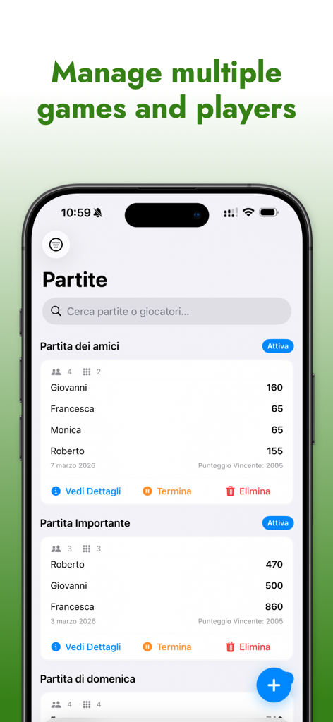 Burraco Manager - Burraco Manager app interface showing a list of active games with player names and current scores