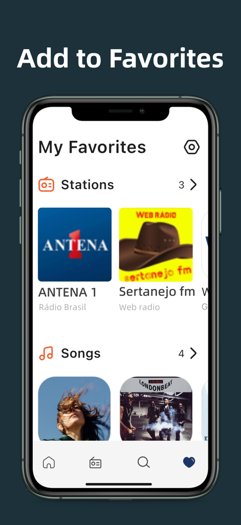 Uma tela de smartphone mostrando a página Meus Favoritos do aplicativo Sintonizador de Rádio FM com estações e músicas salvas.