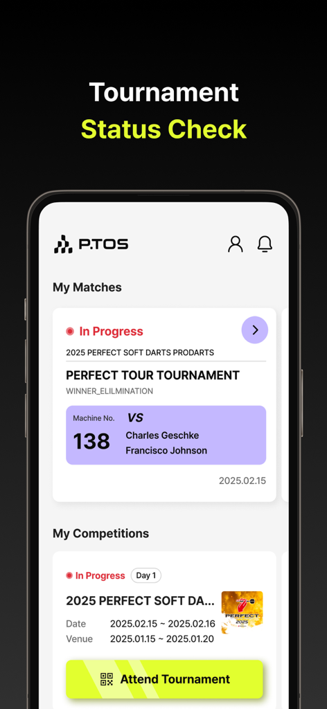 P.TOS - Interfaz de la aplicación P.TOS que muestra el estado del torneo y los detalles de la partida