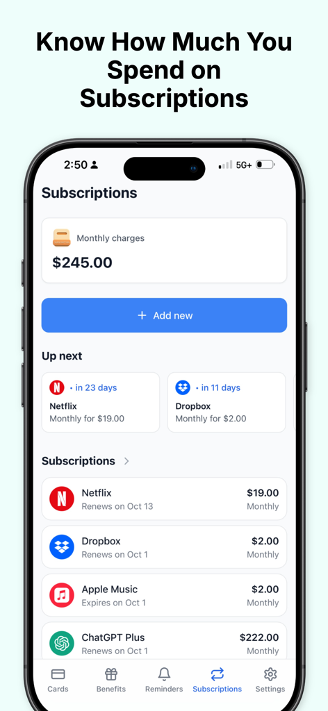 MaxWorth: AI Credit Card Tool - Panel de la aplicación MaxWorth que muestra los gastos mensuales de suscripción y las fechas de renovación