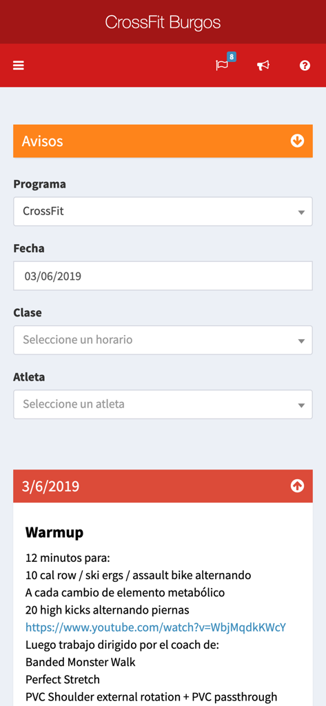CrossHero - CrossHero app screen showing CrossFit workout details and warmup exercises