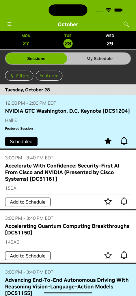 NVIDIA GTC - Die NVIDIA GTC Mobile App-Oberfläche zeigt eine Liste geplanter Konferenzsitzungen und technischer Präsentationen an