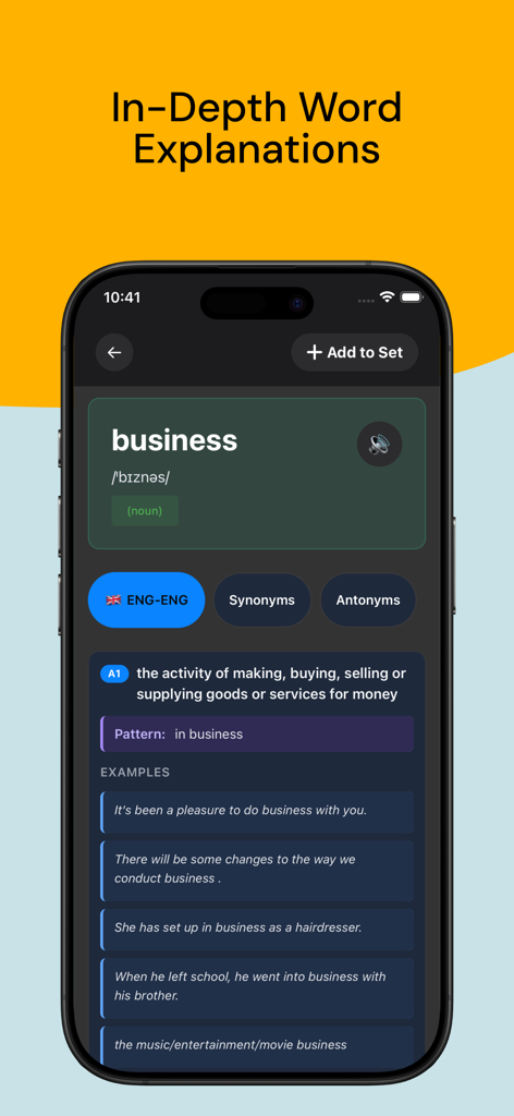 English Mastery - TOEIC, IELTS - English Mastery app screen showing a detailed dictionary entry for the word business with definitions and example sentences