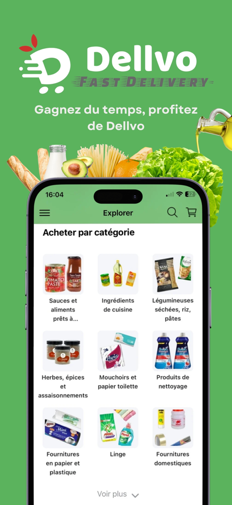 Dellvo: Fast Delivery Service - Dellvo app screen showing various grocery and household item categories for fast delivery.