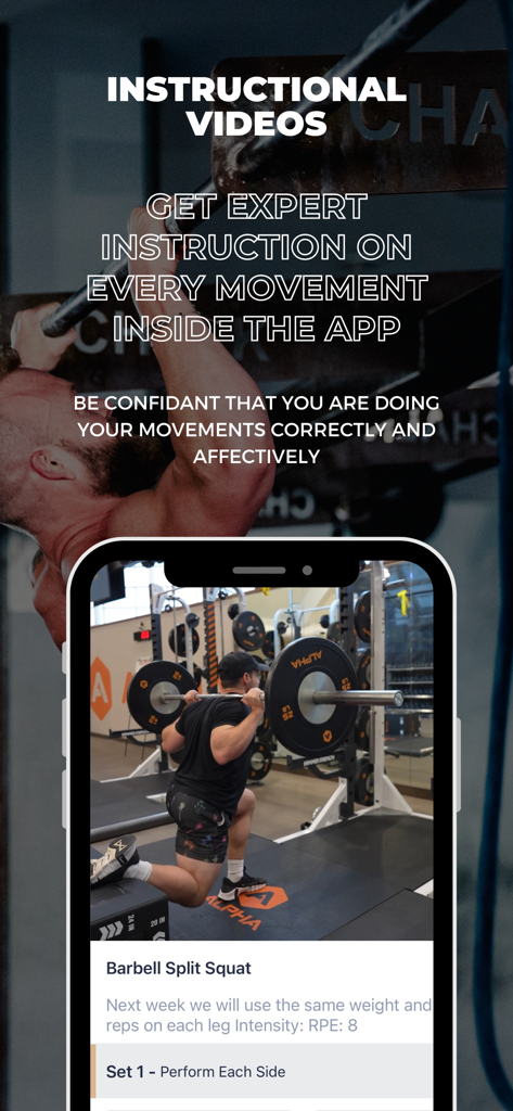 Chalk Performance Training - Screenshot of the Chalk Performance Training app featuring an instructional video for a barbell split squat with expert coaching cues.