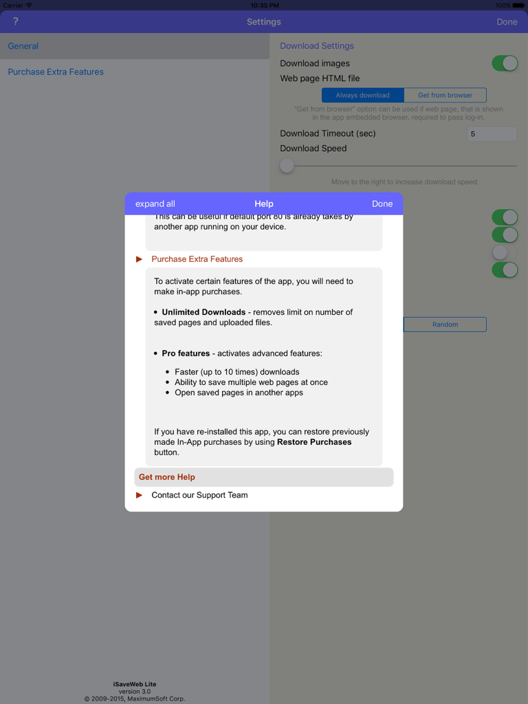 iSaveWeb Pro HD - Settings menu and help window showing pro features and download options in the iSaveWeb Pro HD iPad app