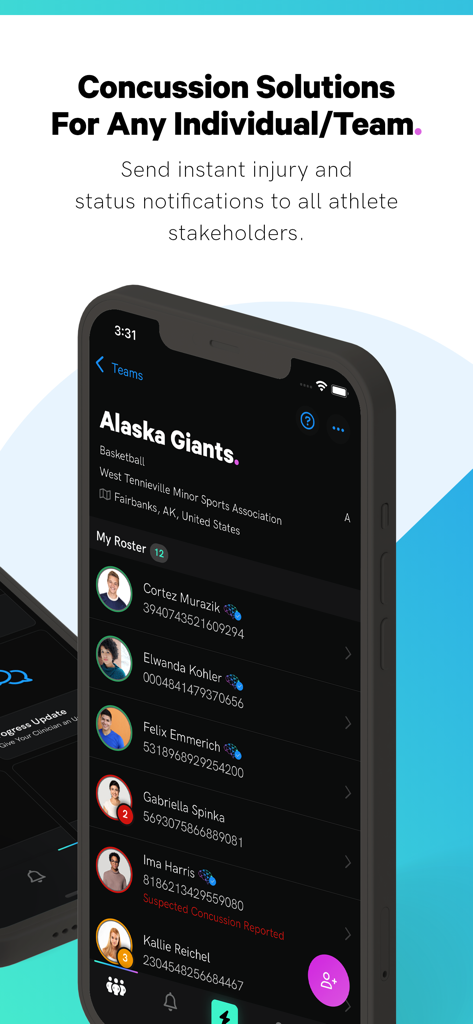 Concussion Tracker - A sports team roster in the Concussion Tracker app displaying athlete names and injury report status
