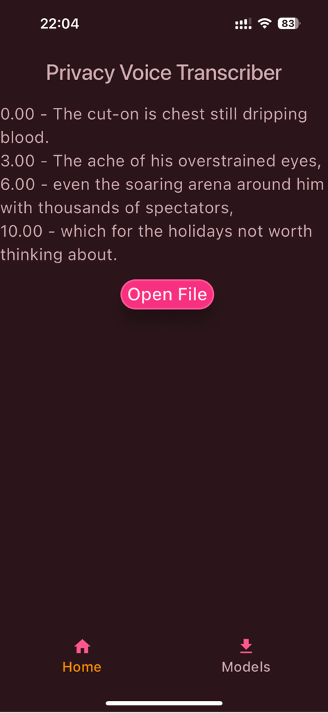 VoiceScriber - A screenshot of the VoiceScriber app showing a text transcript with timestamps and a button to open files
