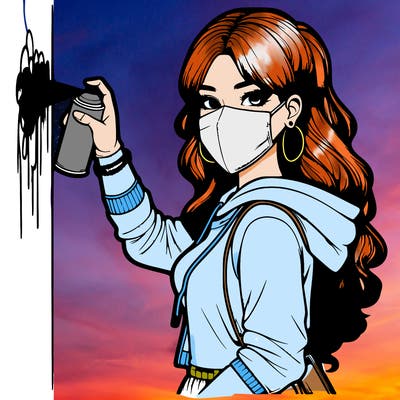 realistic girl with mask spray painting a wall