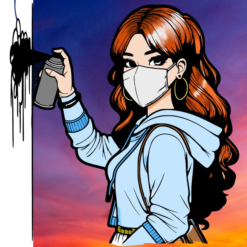 realistic girl with mask spray painting a wall