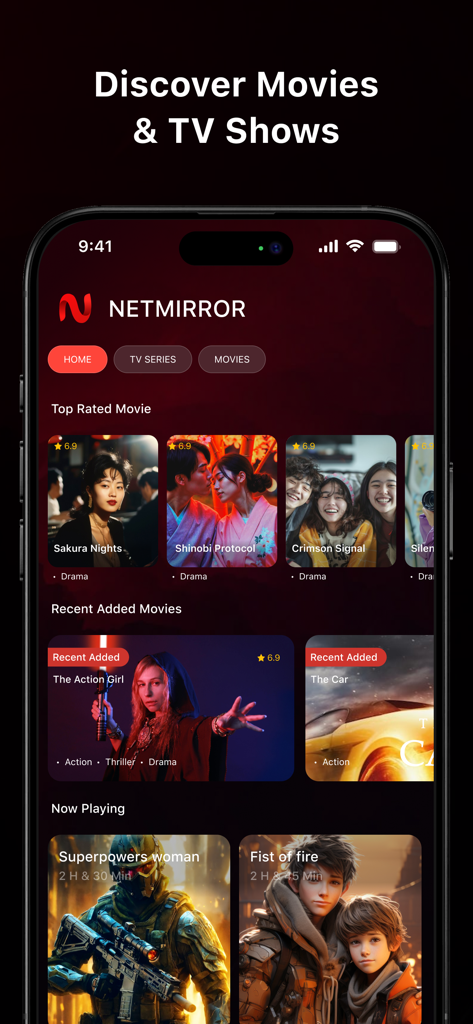 NetMirrorアプリのインターフェースホーム画面。iPhone上で最高評価の映画や最近追加された映画を表示。