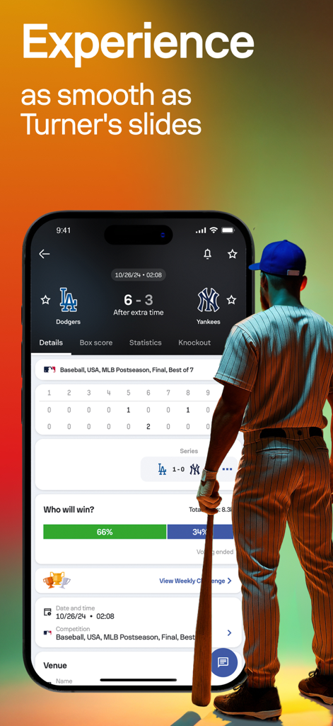 Sofascore: Live Sports Scores - ドジャース対ヤンキースの試合のMLBライブスコアと統計を表示しているSofascoreモバイルアプリ