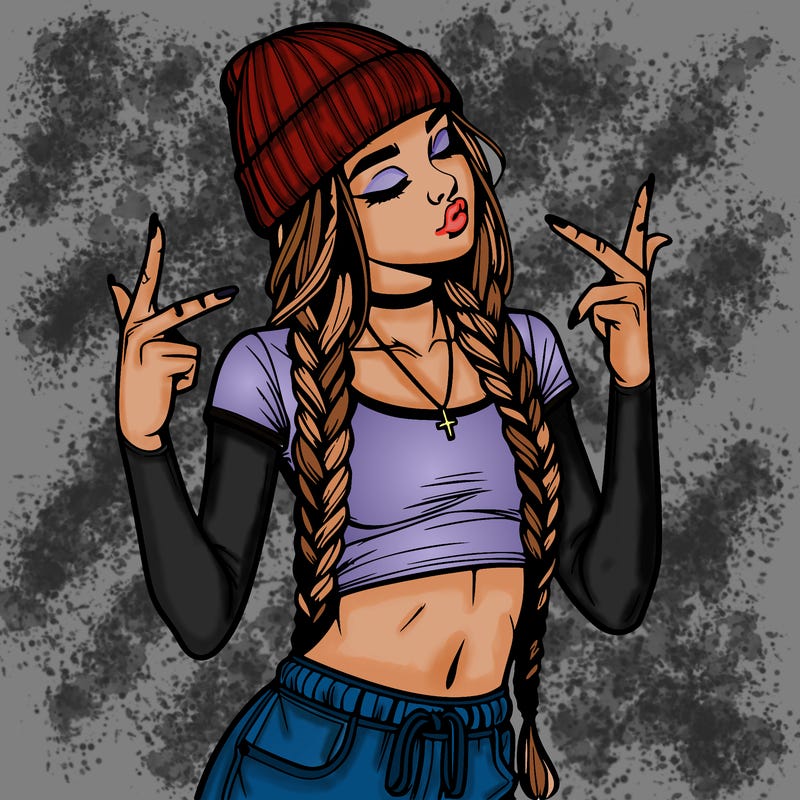 realistic teenage girl with braids and a beanie and crop top doing 🫶🏼