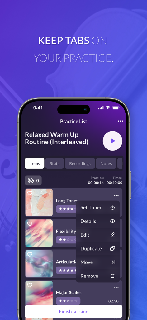 Modacity: Pro Music Practice - Modacity app interface showing a music practice list with a warm up routine and individual exercise items