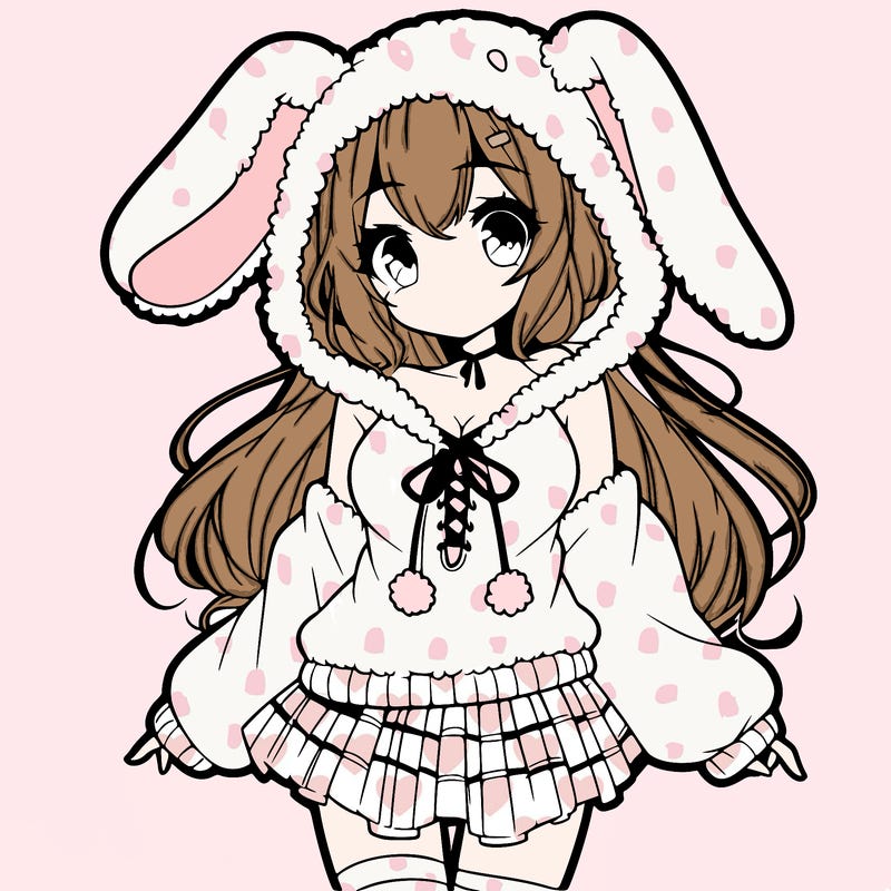 pretty anime girl wearing a fluffy hoodie with bunny ears on the hood and a skirt