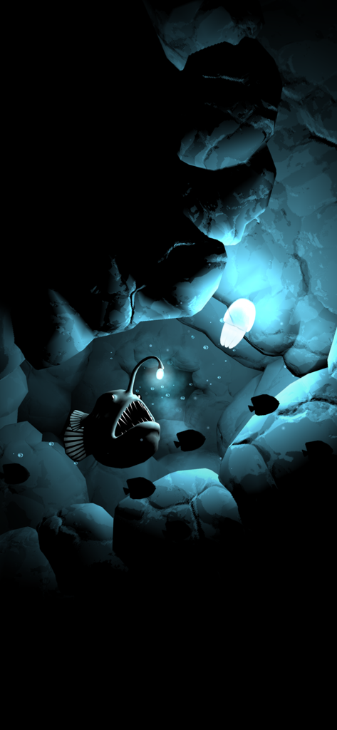 Seashine - Una medusa bioluminiscente nadando cerca de un pez linterna brillante en una cueva submarina oscura.