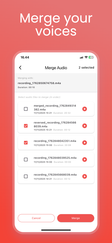Voice Reverser & Recorder - Interfaz de la aplicación Voice Reverser and Recorder que muestra la pantalla para fusionar múltiples grabaciones de voz
