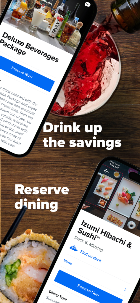 Royal Caribbean app screens for booking beverage packages and making dining reservations
